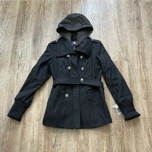 Buffalo David Bitton Womens Wool Hooded Pea Coat Black Sz XS